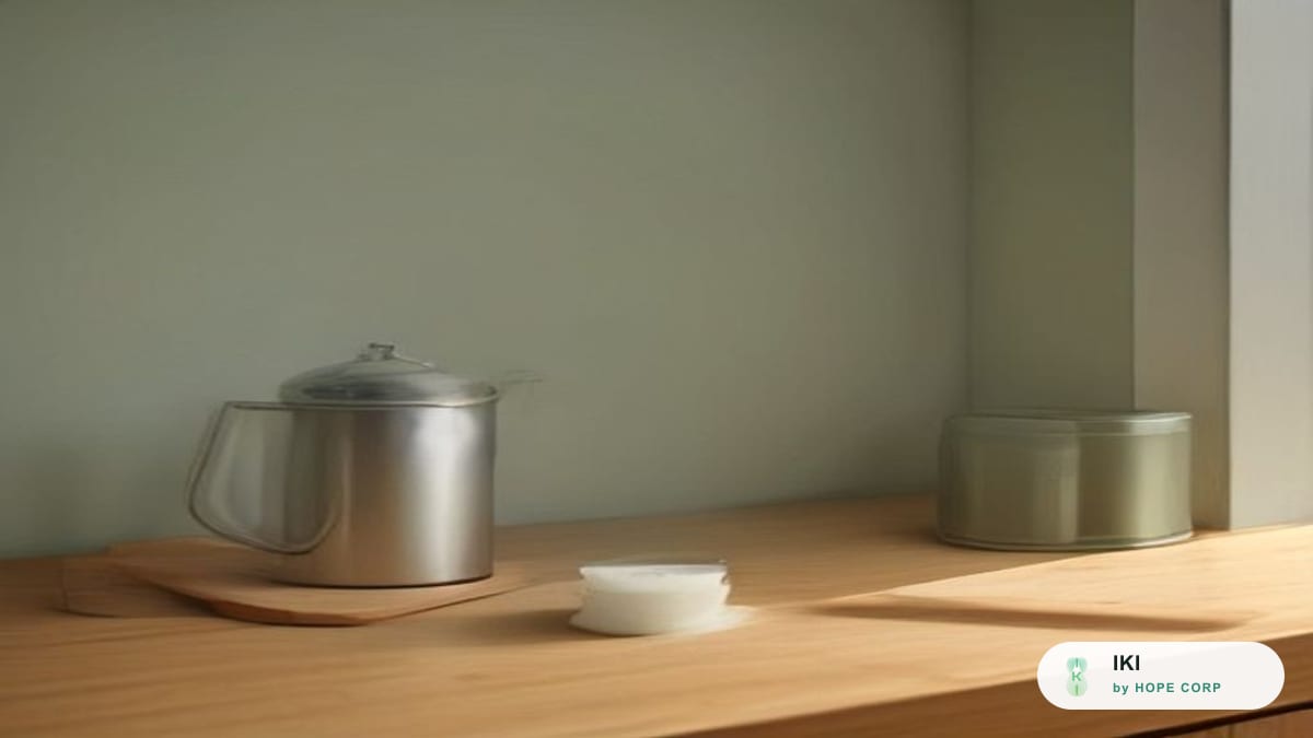 Góc bếp buổi sáng với hộp bột đạm thực vật đặt cạnh ấm nước và ly thuỷ tinh