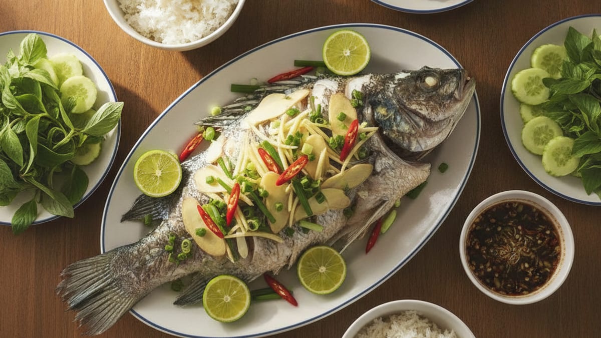 Một đĩa cá hấp cùng rau thơm và chanh trên bàn ăn gia đình Việt trong ánh sáng tự nhiên ấm áp