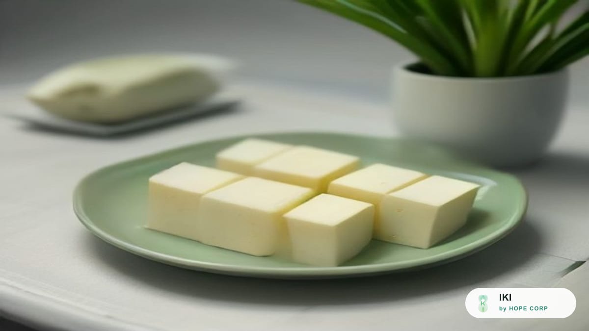 Đĩa đậu phụ trắng tươi cùng hành lá và rau xanh trên bàn gỗ