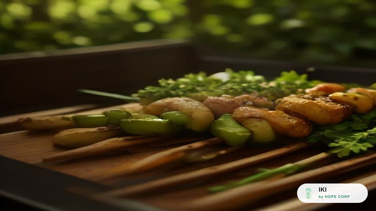 Vỉ rau củ và thịt nướng bên đĩa rau sống xanh trên bàn gỗ