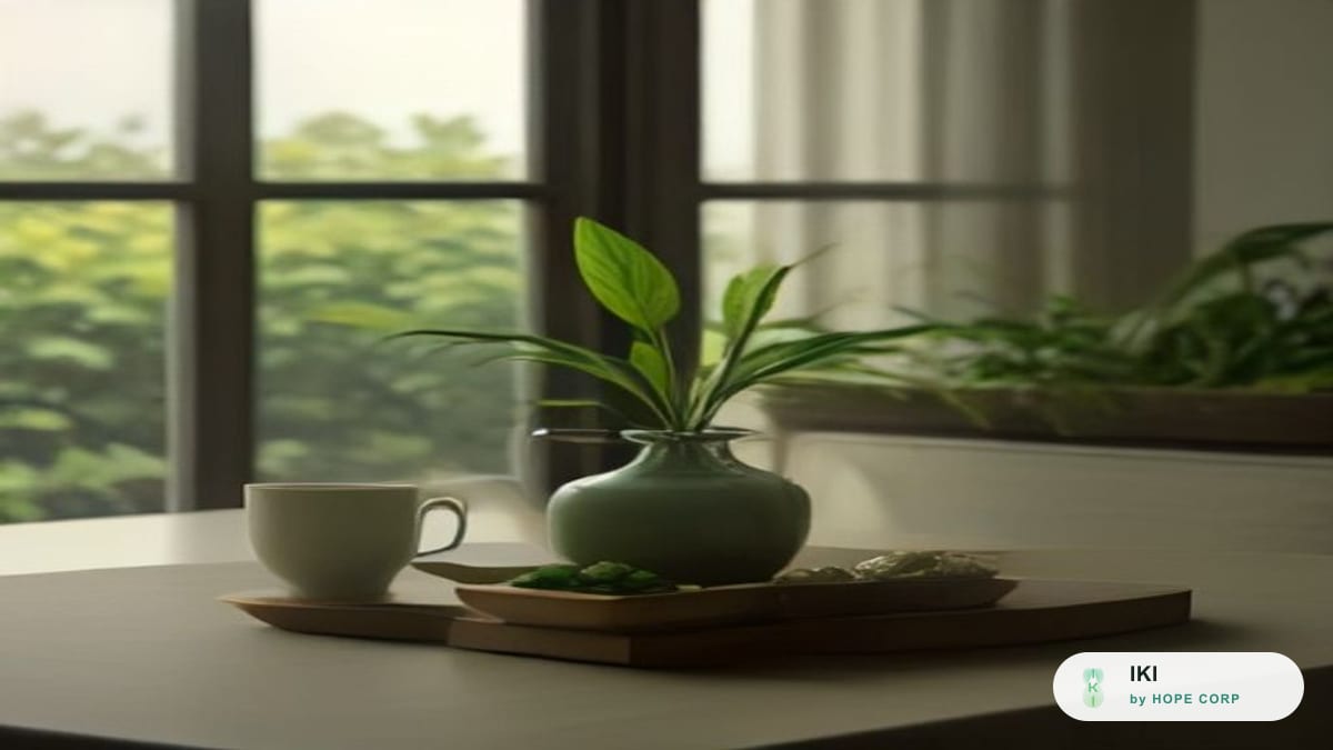 Bàn ăn yên tĩnh với tách trà thảo mộc, hạt óc chó và rau xanh tươi