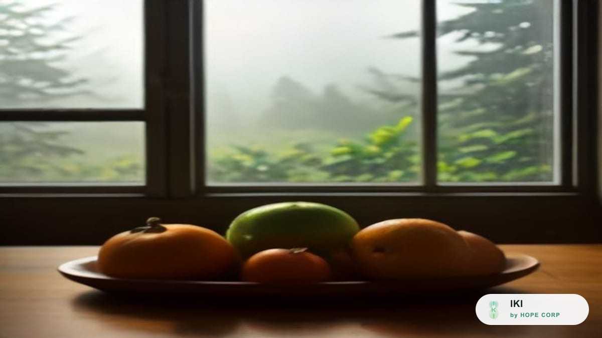 Mâm trái cây sẫm màu, cà chua, cà rốt và một tách trà ấm bên cửa sổ ngày trời mù