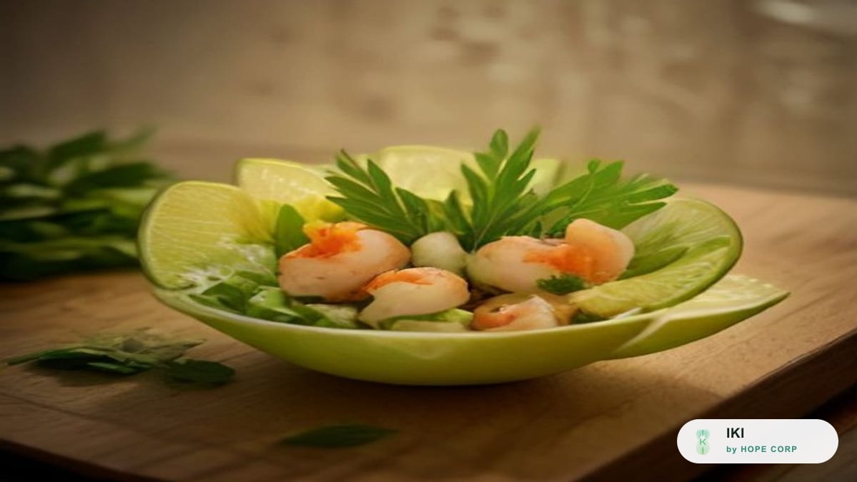 Mâm hải sản tươi bày trên mặt gỗ cùng gừng và chanh