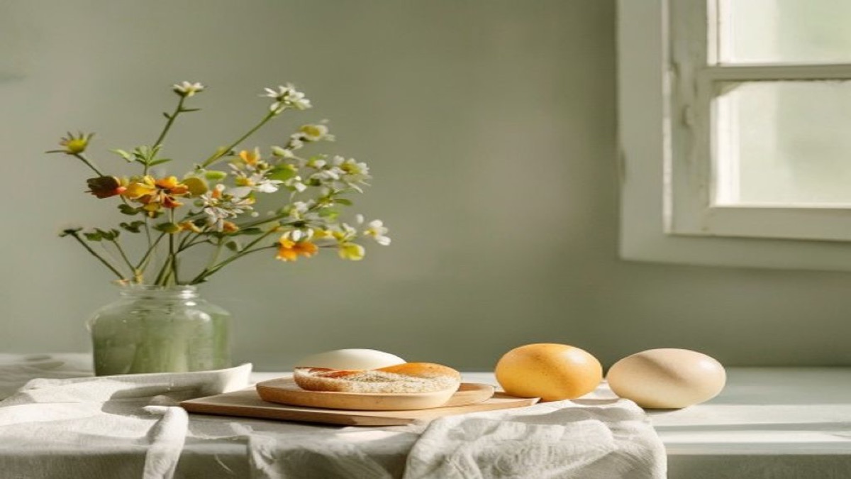 Bữa sáng đơn giản gồm bánh mì, trứng và trái cây bày trên bàn bếp buổi sớm