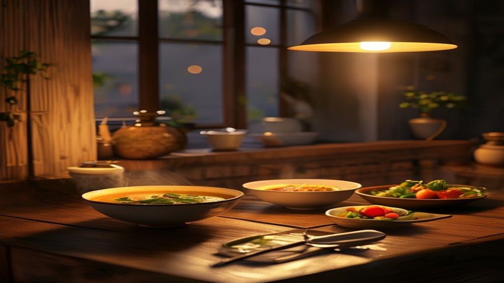Bữa tối nhẹ nhàng với súp rau củ và ánh đèn ấm áp trong bếp Việt vào buổi tối muộn
