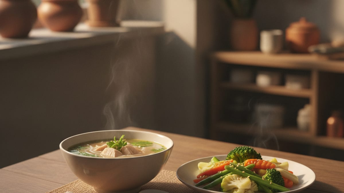 Một bàn ăn tối nhẹ nhàng với bát súp ấm và đĩa rau luộc chuẩn bị cho bữa tối muộn