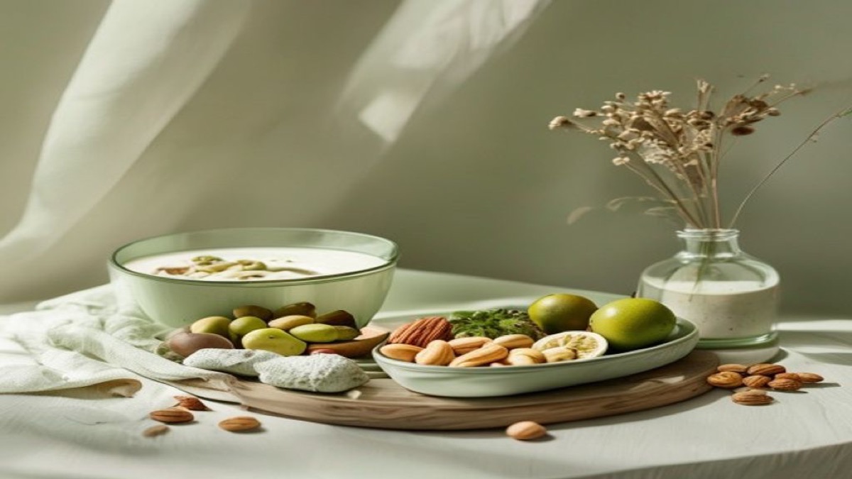 Khay ăn vặt lành mạnh với hạt, trái cây tươi và sữa chua