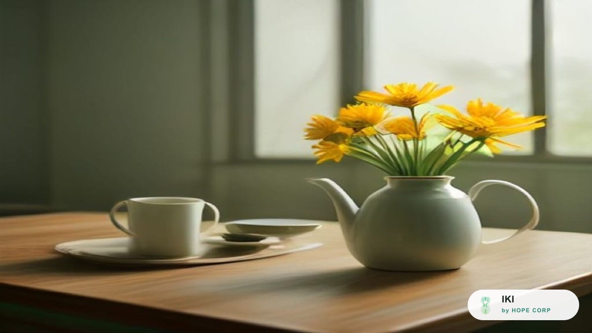 Tách trà ấm đặt cạnh vài nhánh thảo mộc khô trên mặt bàn sáng dịu