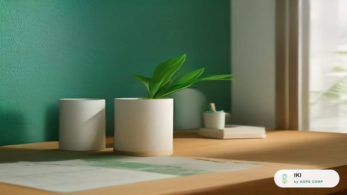 Bàn gỗ bên cửa sổ với cây xanh nhỏ, ly sứ trắng và tờ giấy in biểu đồ, ánh sáng tự nhiên