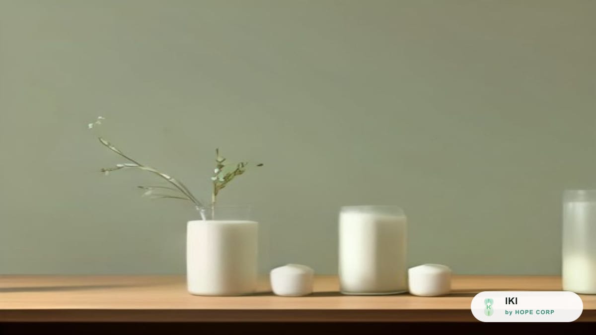 Bốn chiếc hũ và lọ cao thấp khác nhau xếp thành hàng trên mặt bàn gỗ sáng, nền tường xanh ô liu nhạt, một nhành lá khô cắm trong lọ, ánh sáng tự nhiên dịu