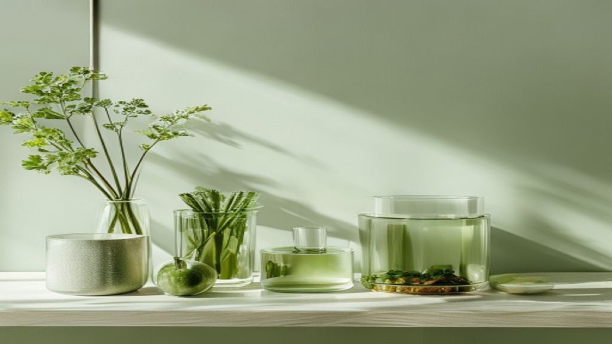 Hộp thuỷ tinh đựng rau củ xếp gọn trong ngăn tủ lạnh sáng dịu