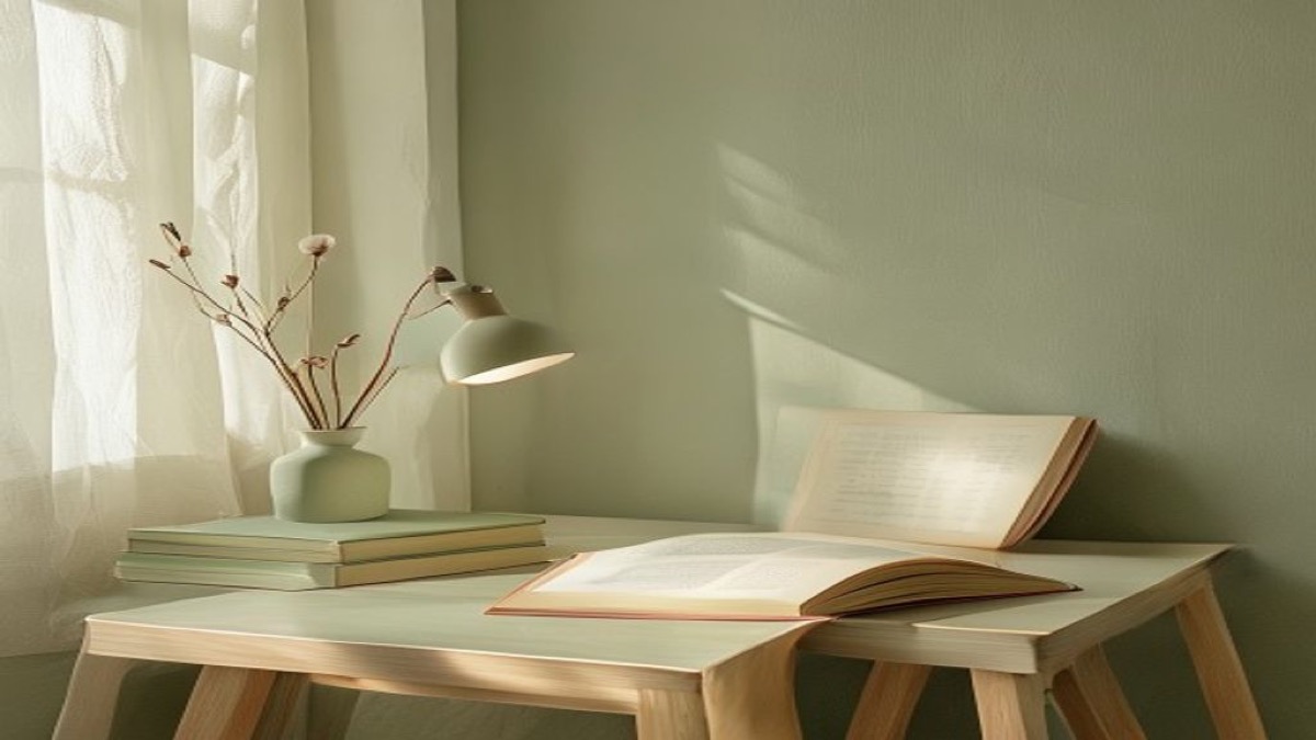 Bàn học của trẻ với đèn bàn, sách vở và ánh sáng tự nhiên từ cửa sổ