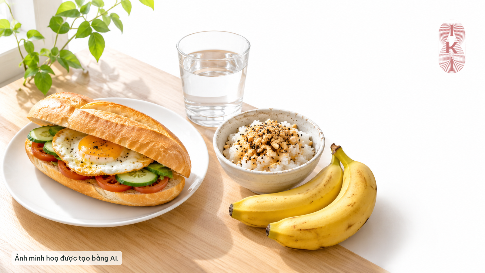 Bánh mì kẹp trứng ốp, dưa chuột và cà chua trên đĩa trắng, bát xôi rắc muối vừng lạc, hai quả chuối và cốc nước lọc trên bàn gỗ sáng (ảnh minh hoạ tạo bằng AI)