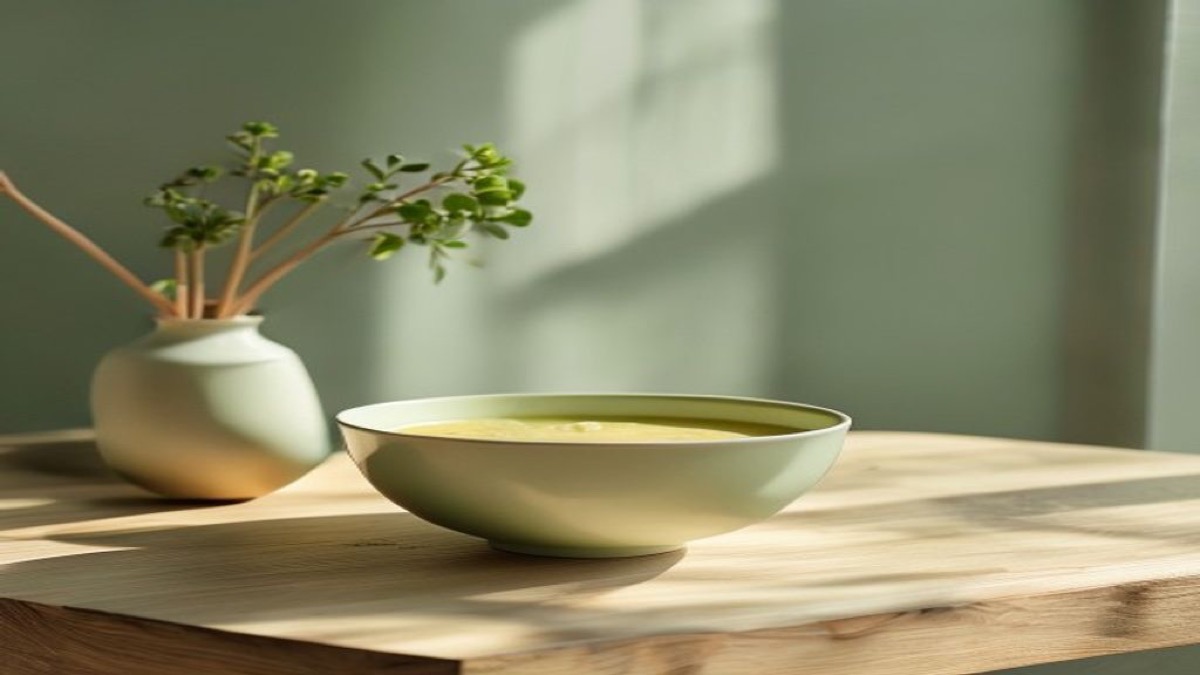 Bát súp rau củ ấm và bữa tối thanh đạm trên bàn gỗ buổi tối
