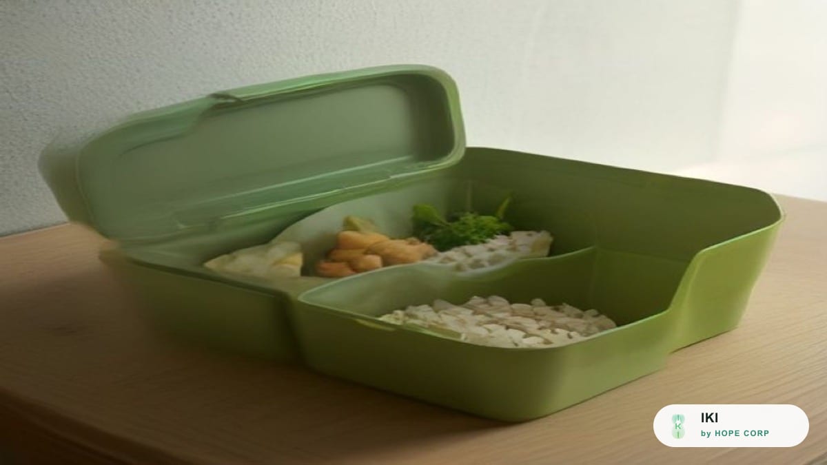 Hộp cơm trưa cân bằng với rau xanh, đạm và ngũ cốc trên bàn làm việc
