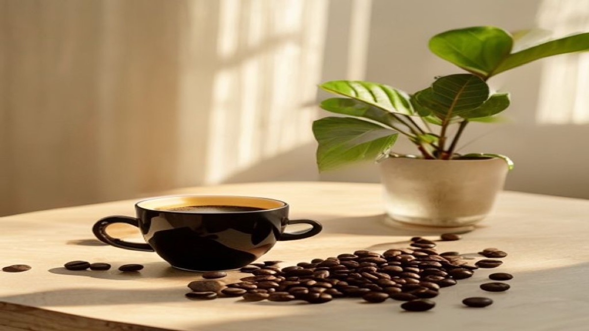 Một tách cà phê ấm đặt bên cửa sổ buổi sáng