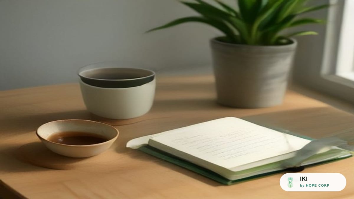 Cuốn sổ mở và cây bút bên cạnh bữa sáng đơn giản và tách trà