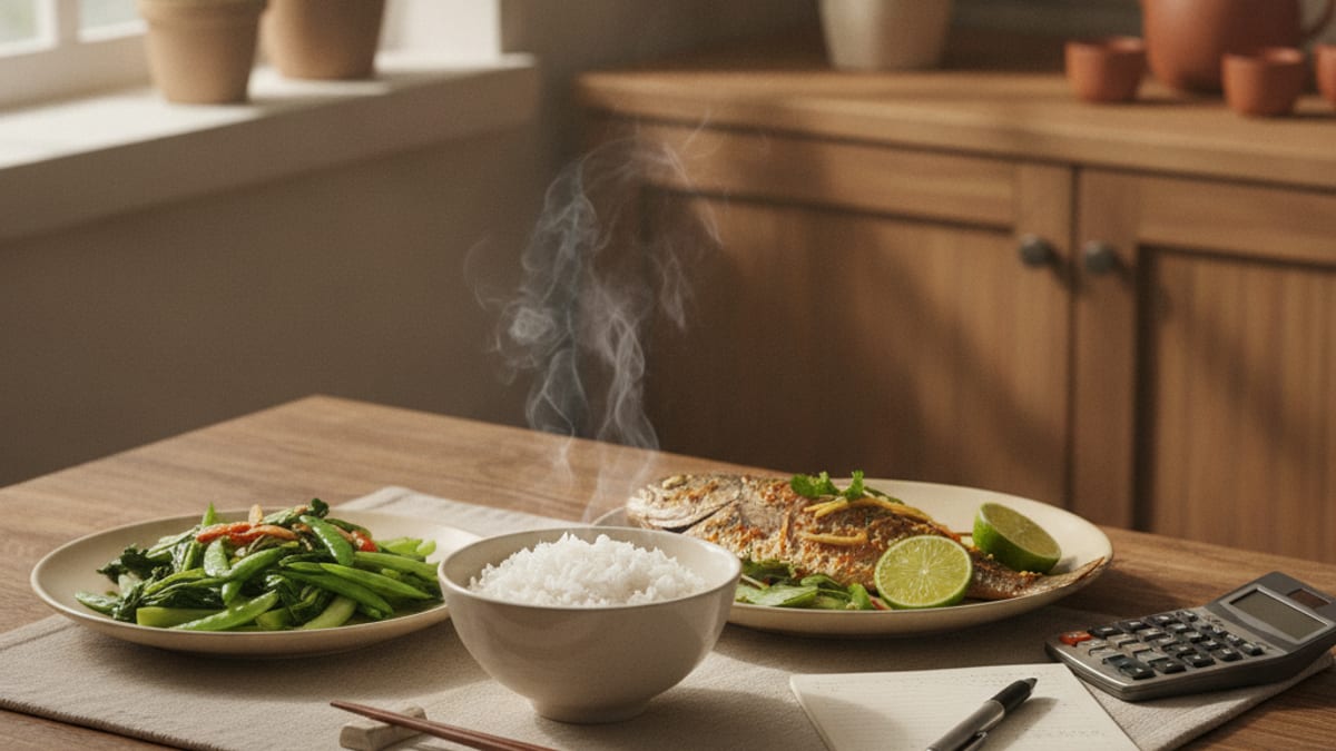 Một bữa ăn gia đình Việt cân đối với cơm, rau và đạm được bày trên bàn gỗ dưới ánh sáng tự nhiên