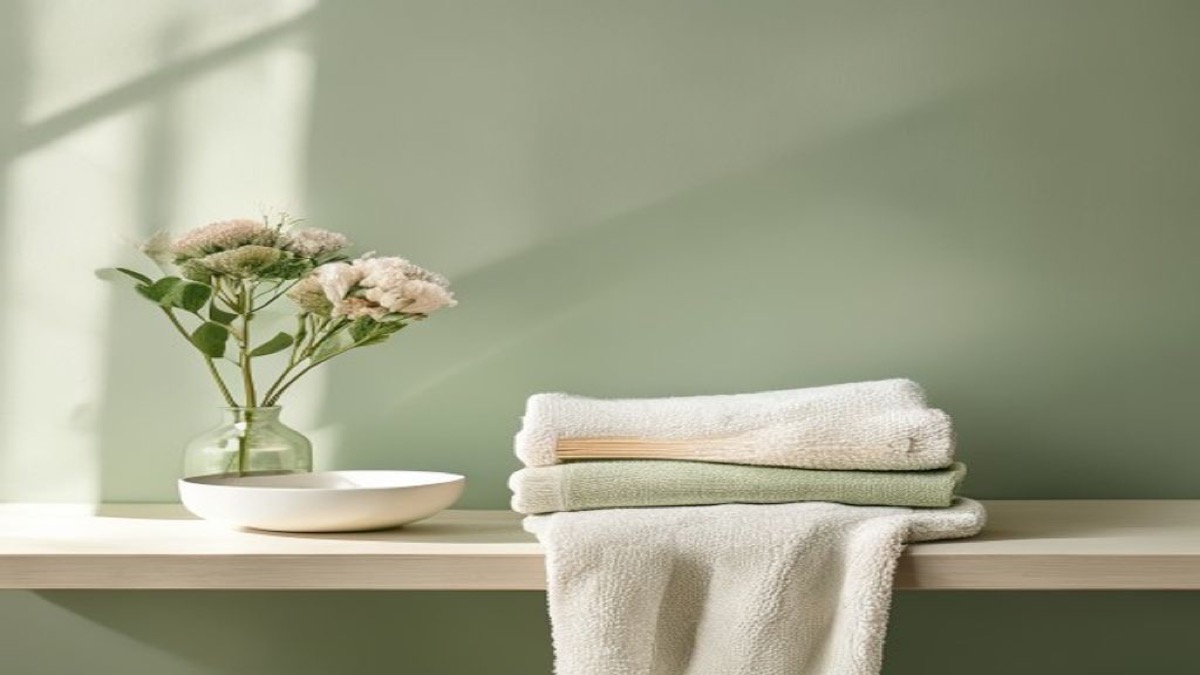 Lược gỗ và khăn bông xếp gọn trên kệ phòng tắm sáng dịu
