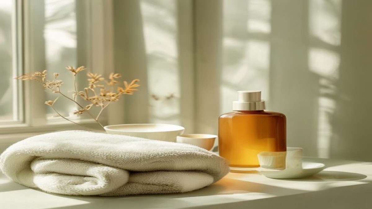 Chai dưỡng ẩm, khăn mềm và ly nước ấm bên khung cửa mùa hanh