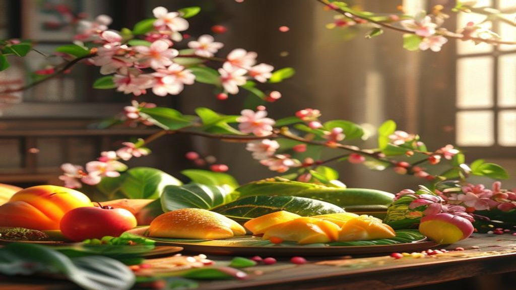 Mâm cỗ Tết truyền thống với rau xanh và trái cây tươi bên cành đào ấm áp