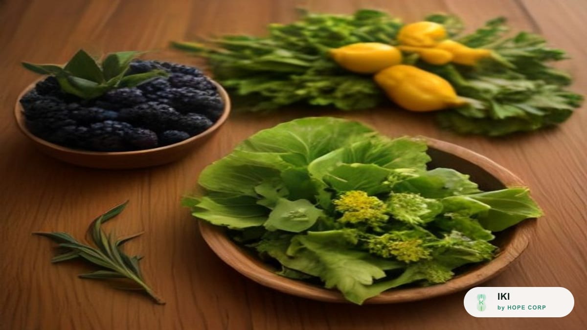 Rau lá xanh, quả mọng, dầu ô liu và củ nghệ bày trên mặt bàn gỗ