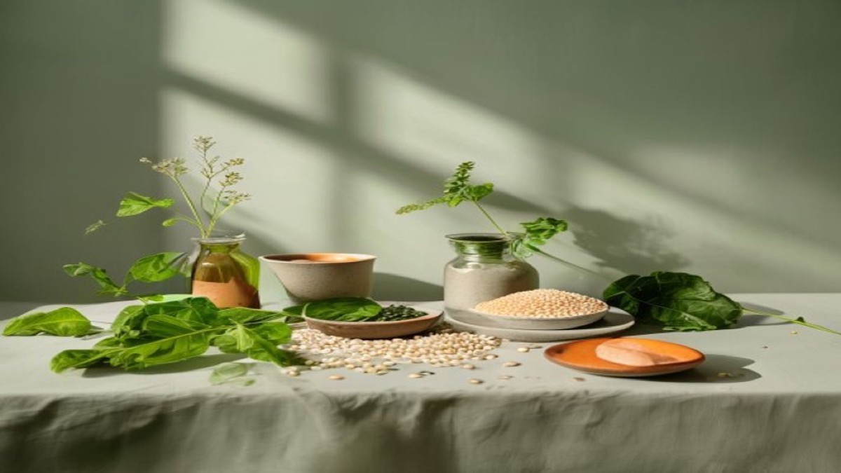 Gạo lứt, yến mạch, khoai lang và rau xanh xếp cạnh nhau trên bàn