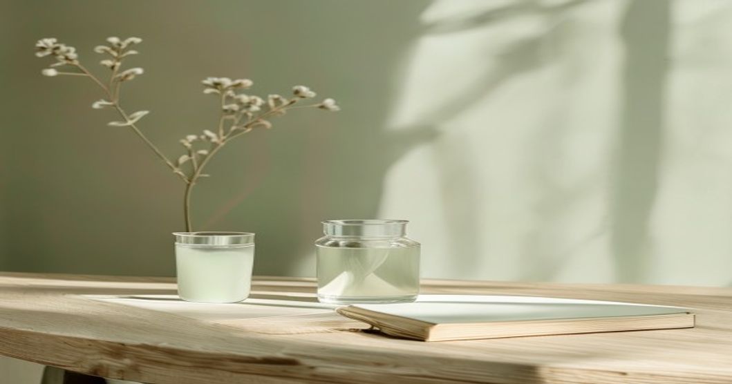 Hộp thực phẩm bổ sung đặt cạnh ly nước và sổ ghi chép trên bàn gỗ sáng