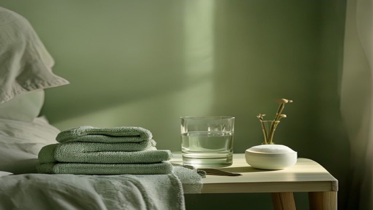 Ly nước ấm và khăn mềm đặt cạnh giường ngủ trong ánh sáng dịu buổi tối