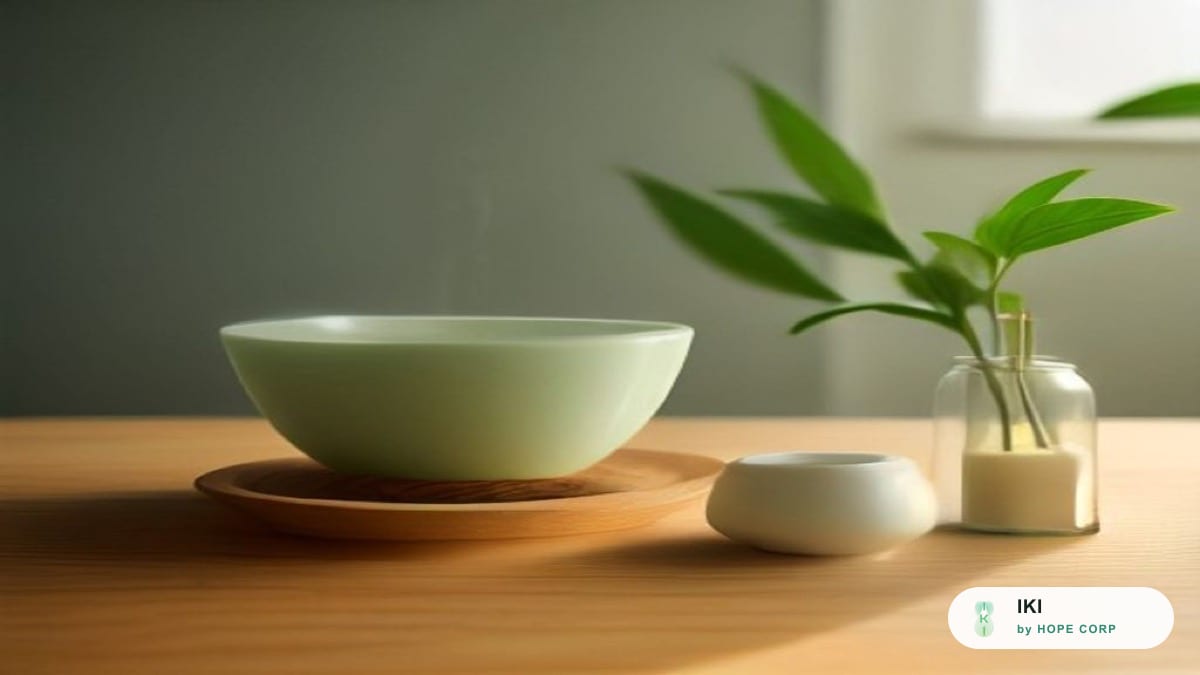 Hạt đậu nành trong bát gốm bên ly sữa đậu nành và đậu phụ trên bàn gỗ