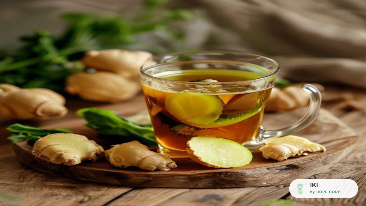 Trà gừng ấm và rau xanh