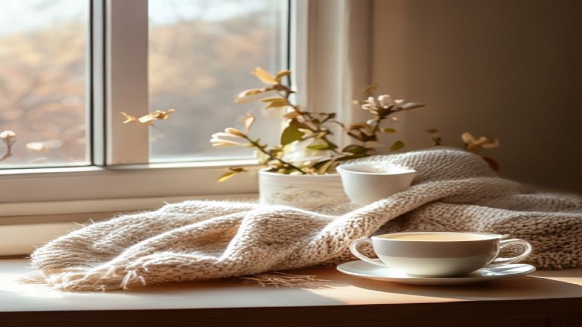 Người phụ nữ hắt hơi bên khung cửa sổ lúc giao mùa, cạnh tách trà ấm và cây xanh