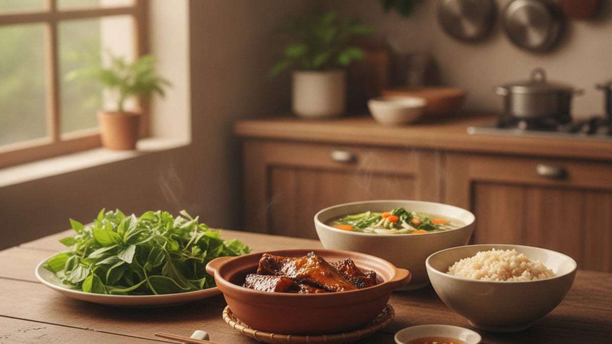 Mâm cơm Việt cân bằng dinh dưỡng dành cho phụ nữ mang thai với cá kho, canh rau và cơm gạo lứt