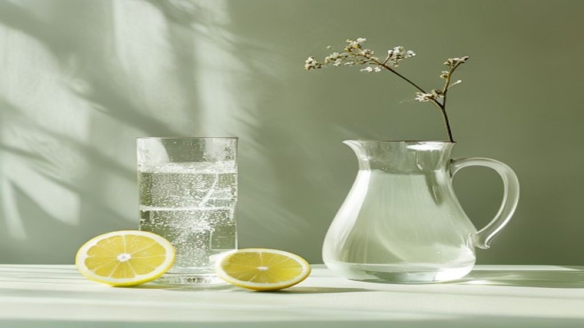 Ly nước có ga với lát chanh tươi bên cạnh bình nước lọc