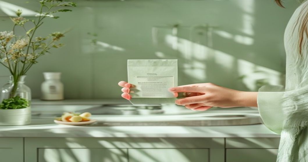 Bàn tay cầm hộp thực phẩm đọc bảng thành phần dưới ánh sáng tự nhiên trong gian bếp