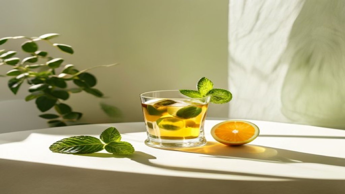 Ly nước mát và đĩa trái cây mùa hè bên cửa sổ ngày nắng
