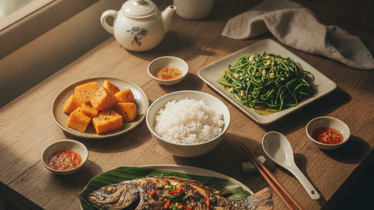 Một mâm cơm Việt với bát cơm nhỏ, khoai lang hấp, rau xanh và cá kho được sắp xếp cân đối