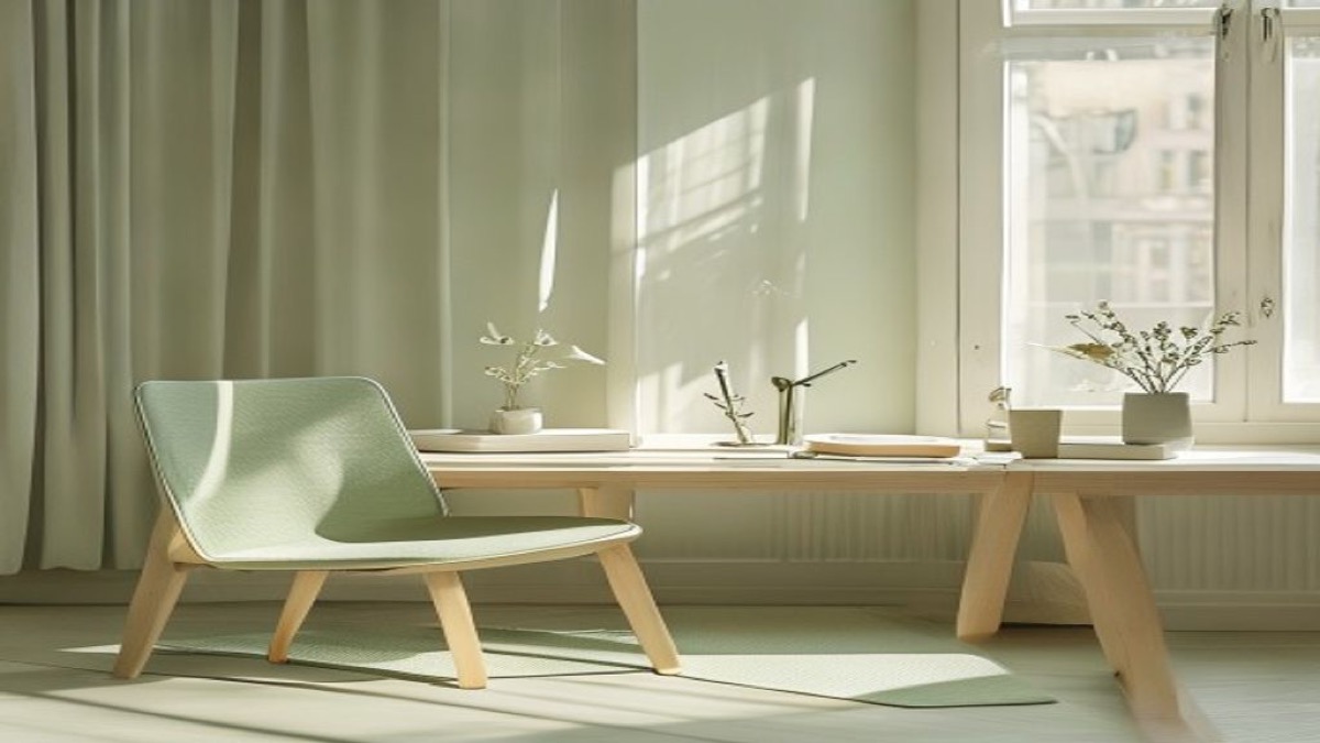 Góc làm việc gọn gàng với ghế đẩy lùi và thảm tập nhỏ cạnh cửa sổ