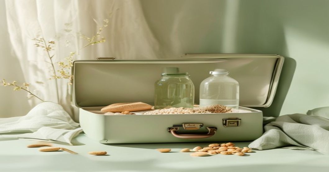 Vali mở với chai nước và hộp hạt dinh dưỡng chuẩn bị cho chuyến đi