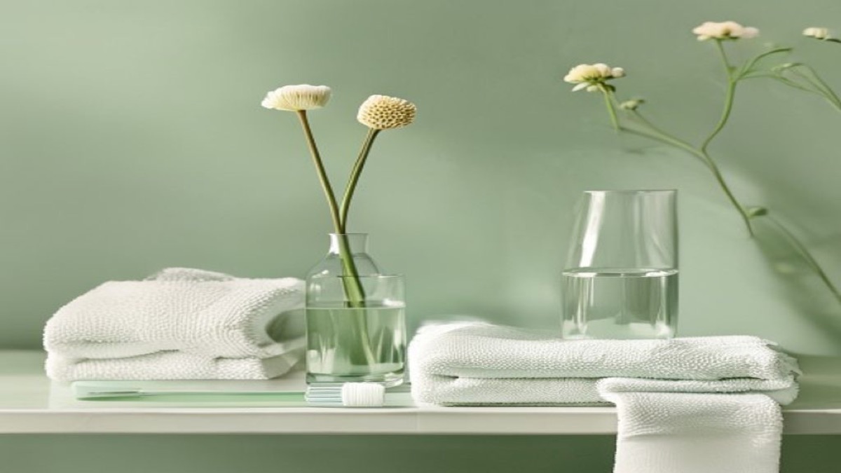 Bàn chải, cốc nước và khăn trắng xếp gọn trên kệ phòng tắm sáng dịu