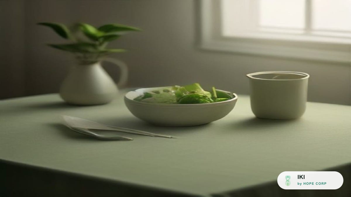 Đồng hồ bếp bên cạnh bát cơm và đĩa rau bày gọn trên bàn