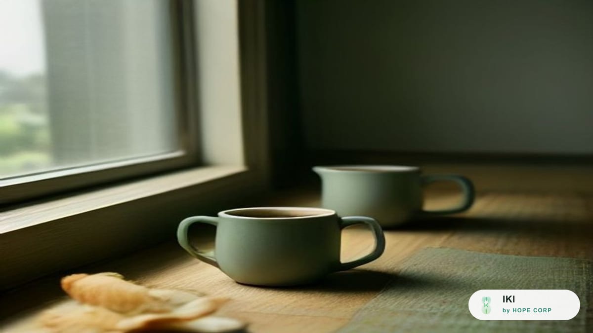 Đôi tay ôm tách trà ấm bên cửa sổ buổi sáng