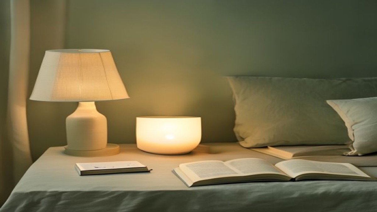 Điện thoại úp mặt trên bàn đầu giường cạnh cuốn sách và đèn ấm