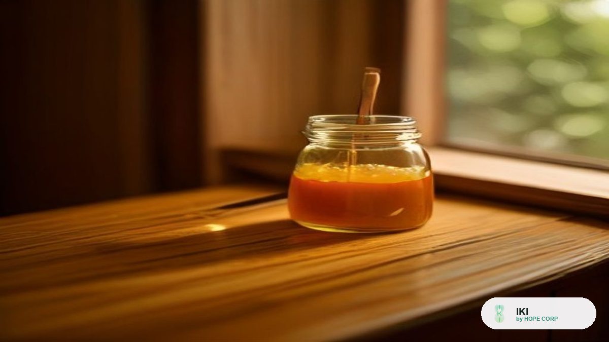 Hũ thuỷ tinh đựng mật ong vàng óng cùng que khuấy gỗ đặt bên cửa sổ