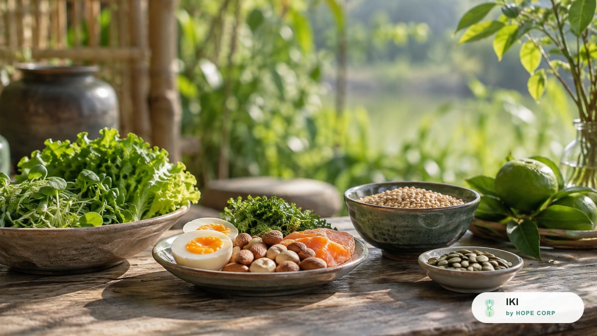 Ly nước ấm, bát hạt và rau xanh trên bàn gỗ dưới ánh sáng dịu buổi sáng