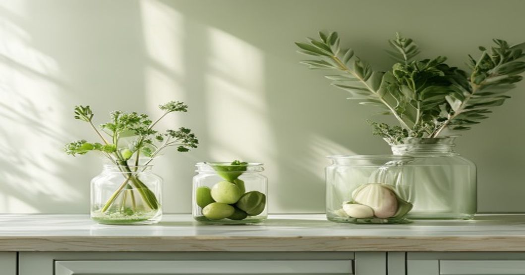 Rau củ đã sơ chế xếp trong hộp thuỷ tinh trên mặt bếp gọn gàng