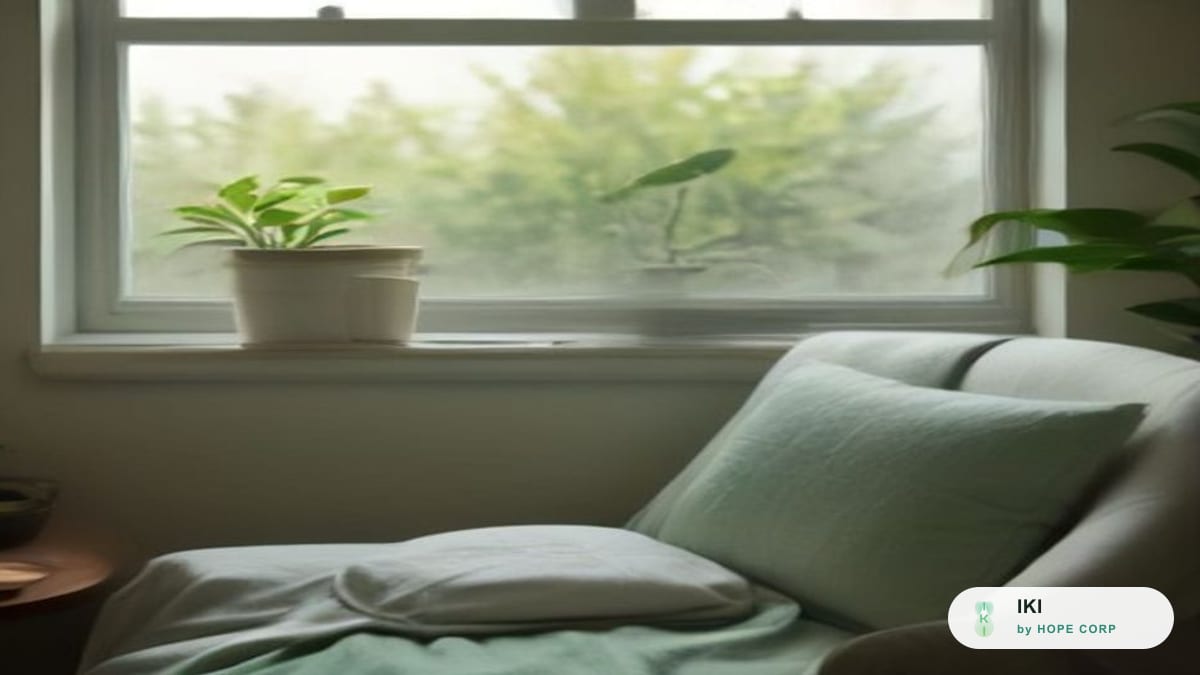 Góc ghế đọc sách cạnh cửa sổ với gối và chăn màu xanh lá dịu, chậu cây nhỏ trên bậu cửa