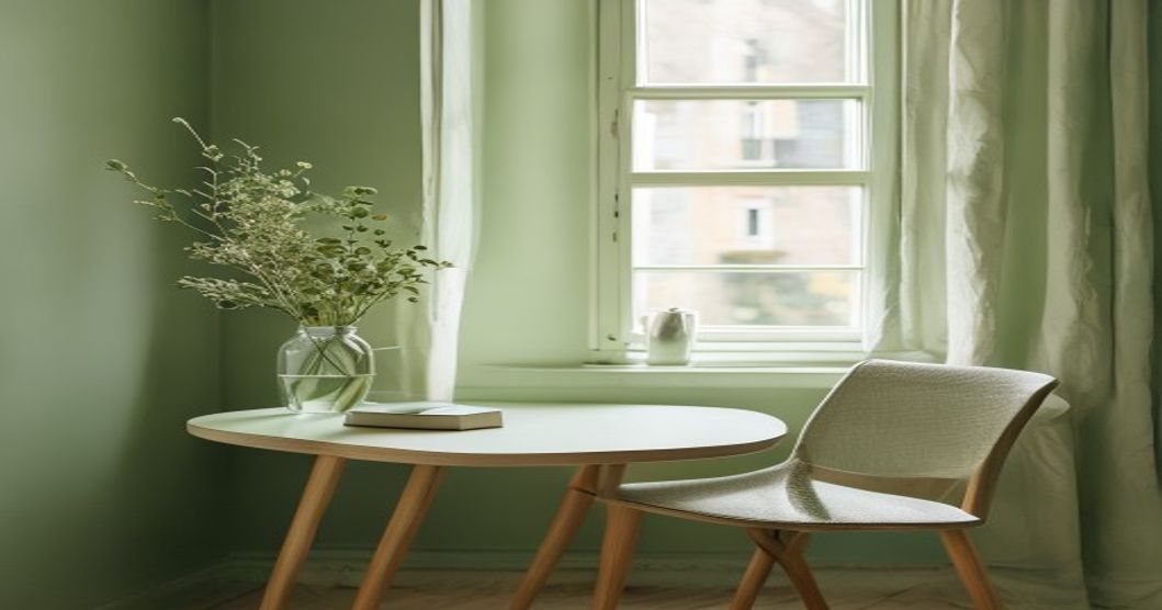 Góc bàn làm việc gọn gàng với ghế đẩy ra, cốc nước và cửa sổ nhiều sáng