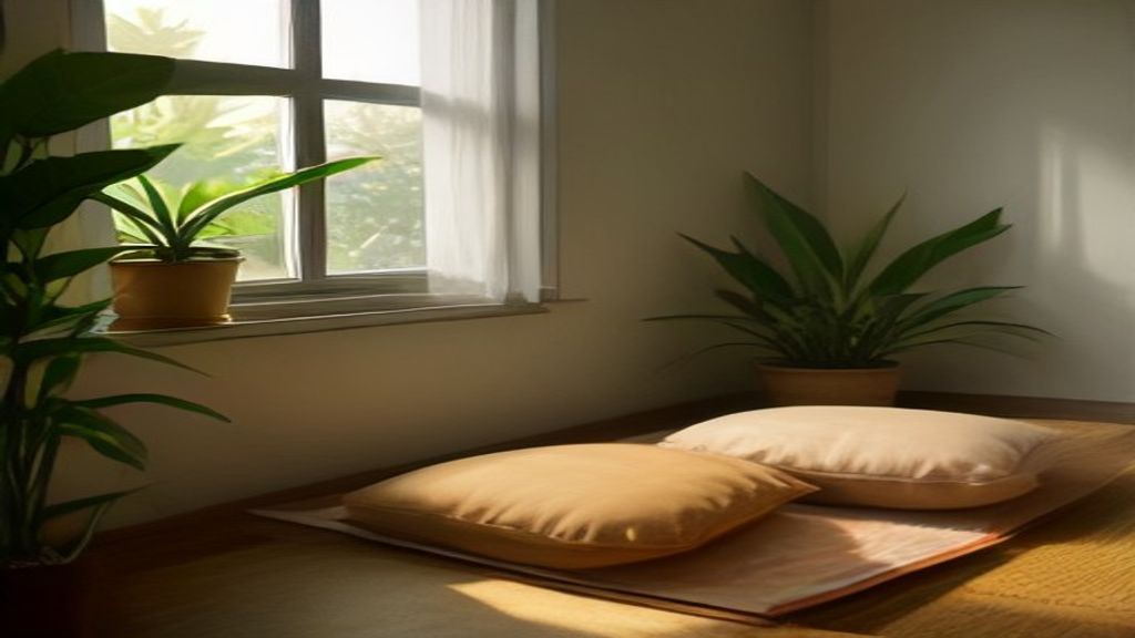 Một góc nhỏ trong nhà với ánh nắng nhẹ, nơi ai đó ngồi thiền yên tĩnh vào buổi sáng