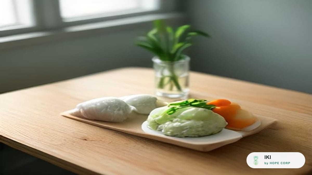 Bữa ăn nhẹ với rau xanh, trái cây và một ly nước lọc trên bàn gỗ
